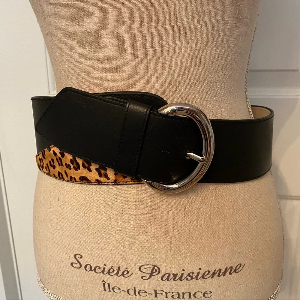 CHICO’S BELT BLACK FAUX LEATHER STRETCH ELASTIC SILVER BUCKLE ANIMAL ACCENT Sz M